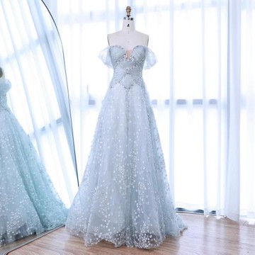 外貿淺藍色抹胸3D花A字禮服可拆雪紡袖優雅藝考獨唱長裙LA73099