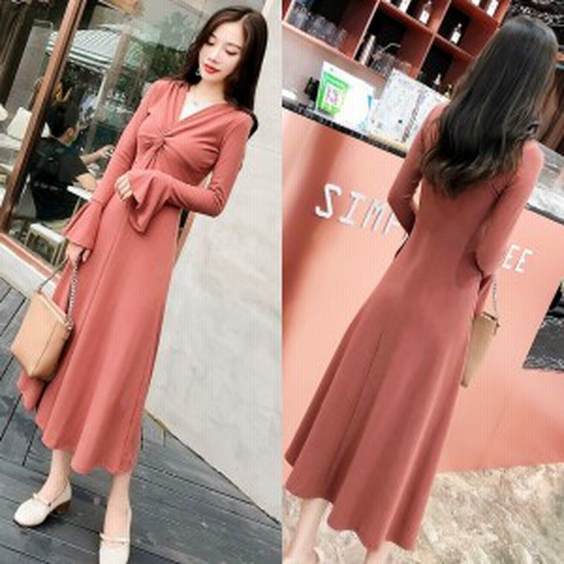 ワンピース レディース ロングワンピース レトロワンピース Vネック スリム ラッパ袖 ベル袖 ハイウエスト 長袖 無地 ワンピ 通販 Lineポイント最大1 0 Get Lineショッピング