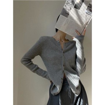 高級感氣質灰色針織開衫內搭女春季新款韓系別致毛衣外套打底上衣