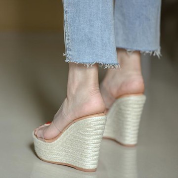 熊大叔女鞋~12cm高跟防水臺拖鞋2025年女夏新款坡跟外穿草編透明