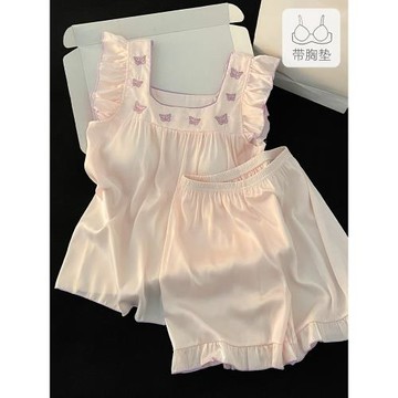 冰絲綢吊帶背心睡衣女款2026新款夏季帶胸墊甜美可外穿家居服套裝