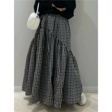 跨境外貿樂天高個子長裙復古波浪抽褶高腰半身裙黑白格子大擺長裙