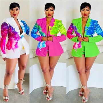 S10755 歐美性感西裝印花短褲套裝