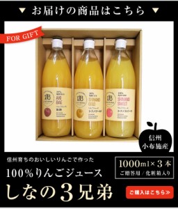 りんごジュース 果汁100％  1,000ml×３本《ご贈答用 化粧箱入り》　しなの３兄弟　送料込み シナノスイート、シナノゴールド、秋映、林