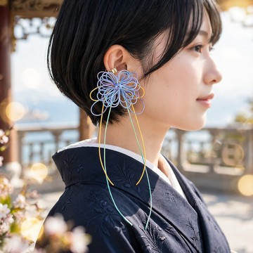 飾結單邊耳掛 花迴旋・露 | 手染繩線編織碩大花朵。適用於浴衣、和服及日常服飾。