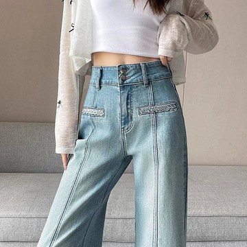 WYZ彈力淺色闊腿牛仔褲女2026新款夏季薄款燙鑽設計感寬鬆直筒拖地褲
