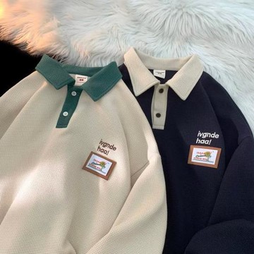 polo衫衛衣男春秋款oversize寬松情侶長袖上衣美式重磅高街外套潮