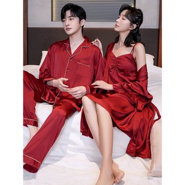 樂姿夢情侶睡衣女春秋長袖冰絲紅色結婚新婚晨袍性感夏季套裝男士