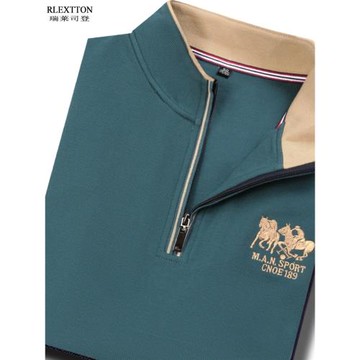 立領長袖T恤男士半高領拉鏈Polo衫男裝純棉體恤秋冬季上衣服綠色