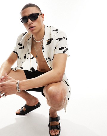 ASOS DESIGN relaxed revere shirt in white and black abstract dots