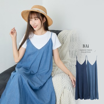 BAi白媽媽 牛仔細肩洋裝／Ｖ領丹寧連身長裙－【350209】