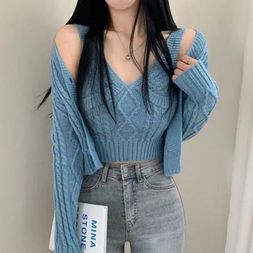 韓國chic秋冬麻花編織減齡V領短款吊帶上衣+凈色毛衣外套兩件套女