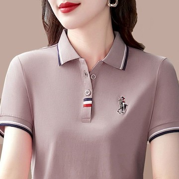 快發短袖T恤女新款中年媽媽夏裝翻領體桖寬鬆大碼polo衫女 短袖上衣 媽媽裝POLO衫 短袖POLO衫 夏季翻領上衣