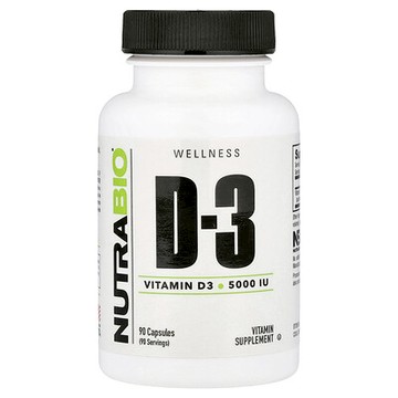 NutraBio, 維生素 D-3，125 微克（5000 國際單位），90 粒膠囊