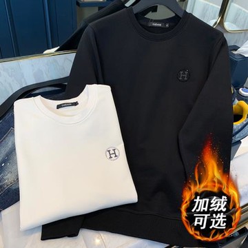 歐洲站衛衣男冬款加絨加厚字母H燙鉆簡約純色高質感純棉打底衫潮