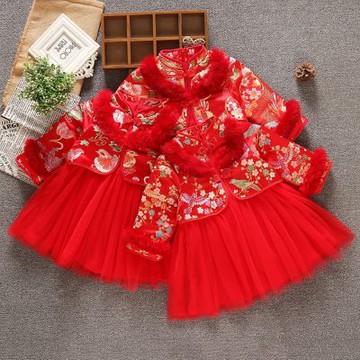 鳳凰花卉刺繡毛毛領旗袍洋裝 童裝 女童 兒童 中國風 過年 唐裝 大紅 新衣 拜年服 連身裙 紗裙 橘魔法 現貨【BB9204】