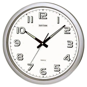 RHYTHM 日本麗聲時計 螢光面板靜音掛鐘  珍珠銀
