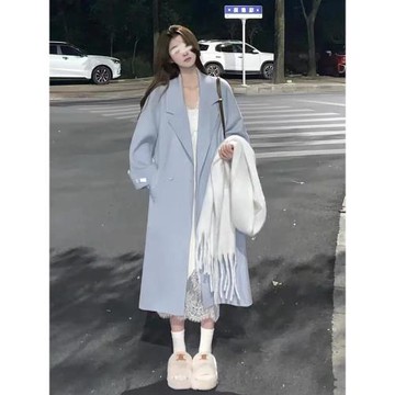 韓系高級小個子洋氣藍色寬松毛呢外套女2025春秋新款溫柔呢子大衣