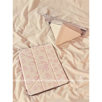 可愛線條貓咪Y+3折iPadPro保護殼2024新款適用蘋果ipadAir6/5帶筆槽10.2防摔第10代10.9平板保護套女11/13寸