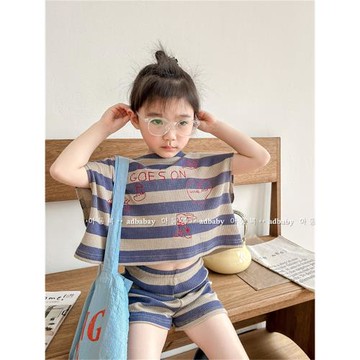 兒童韓版條紋套裝夏裝薄款男女童短袖T恤+打底褲短褲寶寶兩件套潮