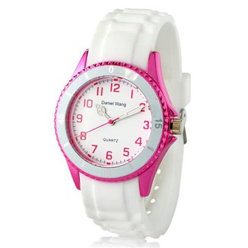 【Daniel Wang】炫光雙圈矽膠中性白色腕錶-蜜桃粉