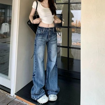 【PRPN】牛仔褲 美式復古 微喇牛仔褲 顯瘦牛仔褲 彈力牛仔褲 女生牛仔褲 九分褲 低腰牛仔褲 修身