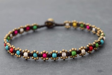 糖果石色混合編織串珠腳鍊 彩虹迷你雛菊黃銅珠