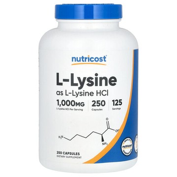 Nutricost, L-賴氨酸，1000 毫克，250 粒膠囊（每粒膠囊 500 毫克）