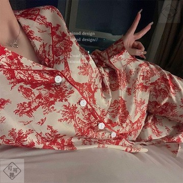 可可裡🍉法式高級感喜慶紅睡衣女冰絲薄款長袖開衫水墨叢林印花家居服套裝