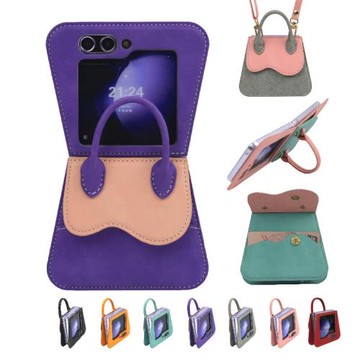 適用三星ZFLIP6折疊屏插卡拼色手機殼華為 Pura X單肩斜挎手機皮