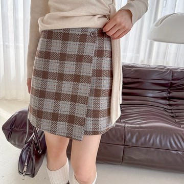 【HARPER】秋冬褲裙 短裙 格紋接片磨毛短褲裙 | 現貨 【SKE24901K】