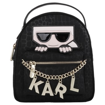 KARL LAGERFELD 大臉卡爾&金屬字母鎖鍊帆布後背包(黑)小