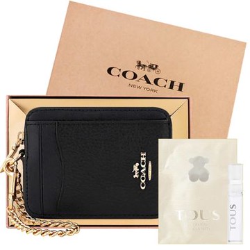 COACH 黑色荔枝紋皮革金屬鏈帶證件卡夾/零錢包+TOUS 清漾小熊隨身小香