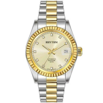 Rhythm 日本麗聲鐘時針 時尚真鑽日期顯示機械腕錶 (RA1621S04) 金x銀 / 29mm｜樂天領券現折★全館特惠中★指定刷卡回饋10%