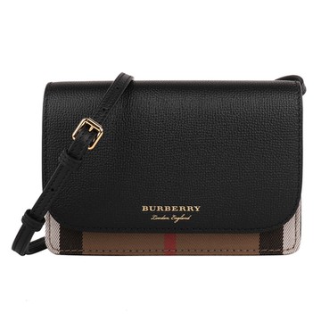 BURBERRY 巴寶莉   棉麻格紋拚皮革可拆手拿斜背包(卡其x黑)S