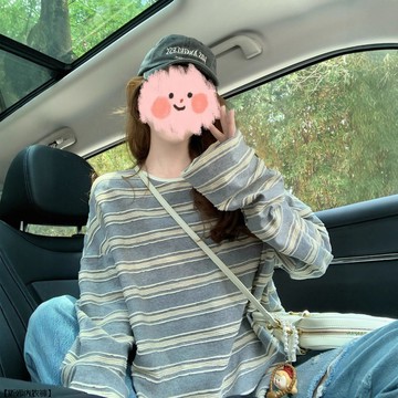 韓繫條紋長袖T恤女寬鬆慵懶打底上衣鬆弛氛圍感穿搭