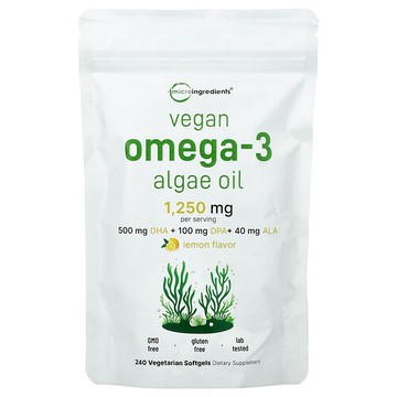 Micro Ingredients, 全素 Omega-3 藻油，檸檬味，240 粒素食軟膠囊