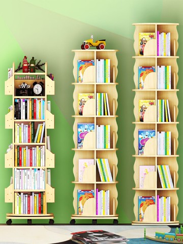 旋轉書架 360度旋轉書架實木置物架 可移動落地簡約兒童帶輪簡易床頭小書櫃 【CM1476】