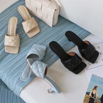 2024春夏新款菱格一字涼拖細跟高跟鞋矮跟小跟方頭半拖鞋低跟涼鞋