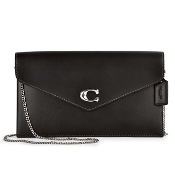 COACH C字滑面皮革信封式大手拿包 鏈帶斜背包(黑色)194857｜GoBrand購名牌