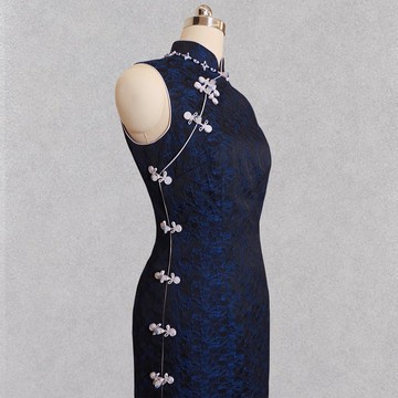 CHAELING 高級客製 黑藍混紡提花中式古典旗袍長裙