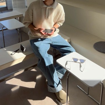 【衣衫倉庫】韓國 POLO衫 針織 簍空 洞洞 特殊 造型 短T 情侶 上衣 寬鬆 男生 短袖 落肩 百搭