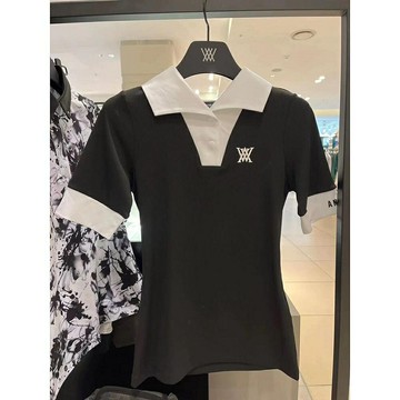 【女裝】高爾夫球衣 運動上衣女 韓版短袖 韓版春夏季高爾夫女裝翻領黑白拼接時尚百搭短袖t恤