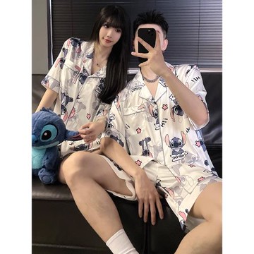 卡通冰絲睡衣情侶裝夏天季薄款短袖仿真絲綢男女款家居服套裝夏款