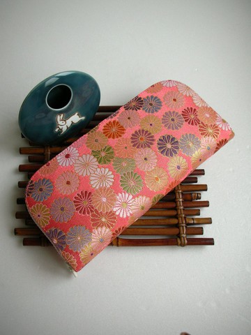 京西陣金襴錦織【繁菊滿桃紅】-長夾/皮夾/零錢包/