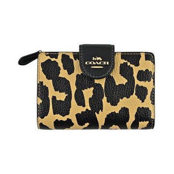 COACH 黑色豹紋印花荔枝紋皮革金字牌摺口釦式雙摺中夾