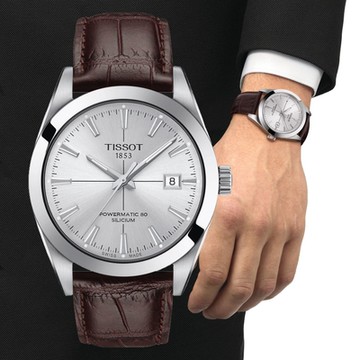 TISSOT天梭 官方授權 GENTLEMAN 經典矽游絲機械腕錶-棕x銀 情人節 新年 禮物 40mm/T1274071603101