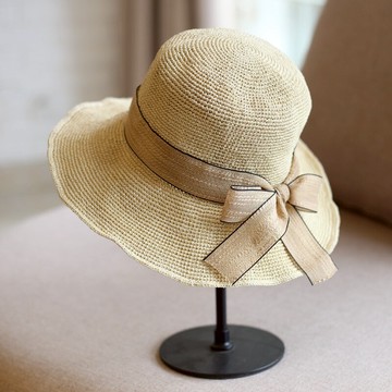 韓版夏季遮陽帽絲帶裝飾漁夫帽可折疊遮陽沙灘帽子休閑百搭草帽1入