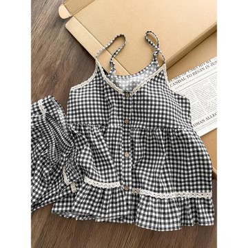 復古格子吊帶背心女夏季辣妹蕾絲純棉帶胸墊一體睡衣家居服兩件套