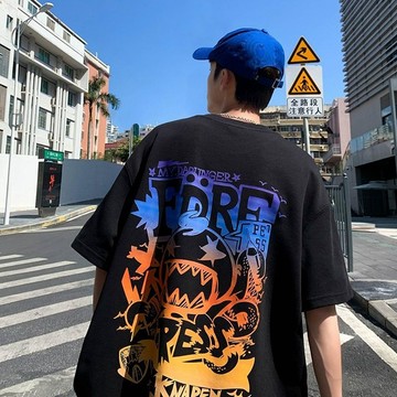 塗鴉字母印花T恤男裝chic港味夏季新款寬鬆韓版小衆設計感上衣潮